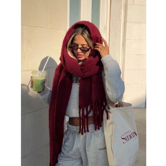 Burgundy Wide Shawl Scarf With Tassels Fuzzy Knit - Picture 2 of 7